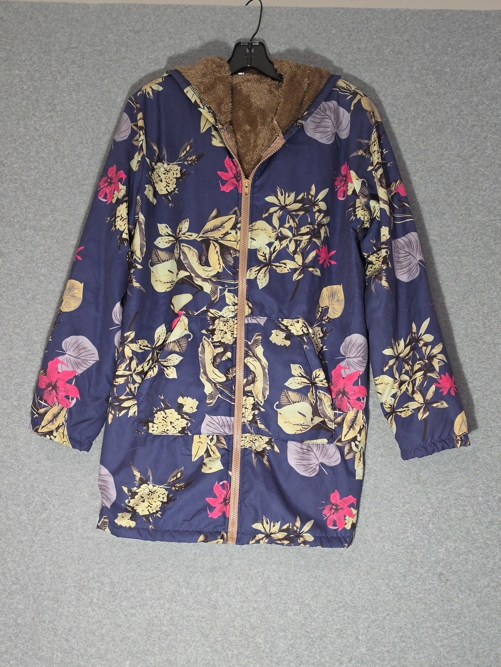 Floral Navy Hooded Jacket with Faux Fur Lining